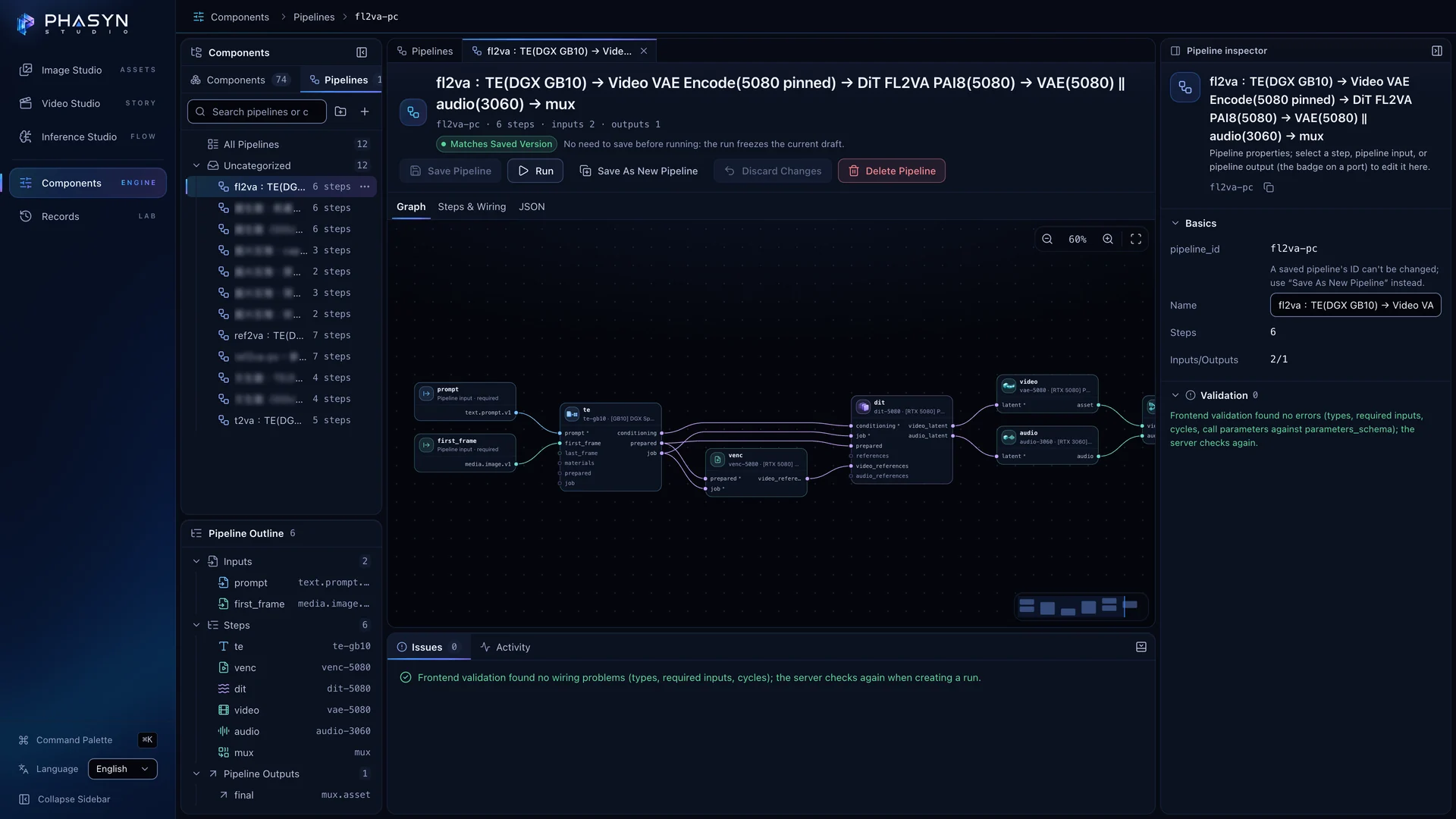 The fl2va‑pc pipeline graph in Components: te on the DGX Spark (GB10); venc, dit and video on the RTX 5080; audio on the RTX 3060.