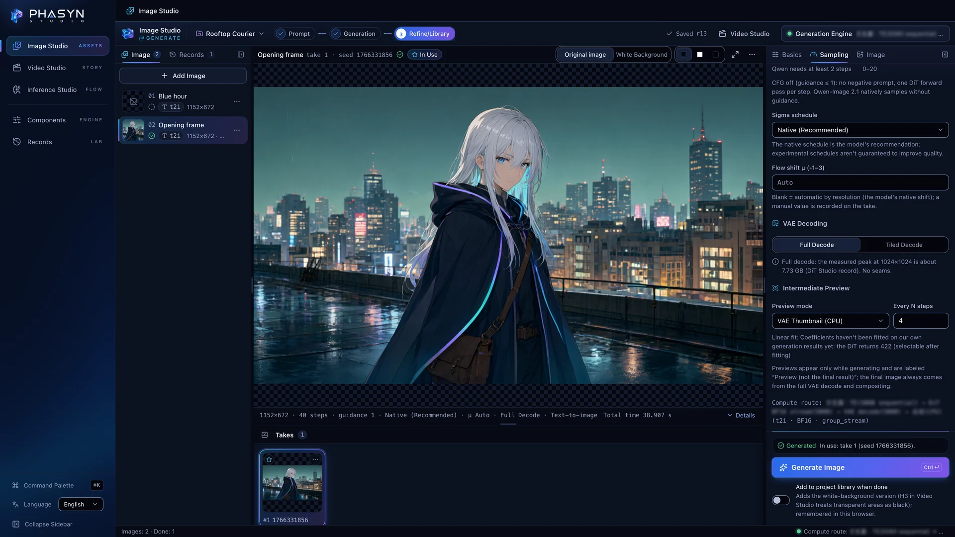 Image Studio after generation: the viewer shows the take in use, with the Takes strip below and the settings panel on the right.