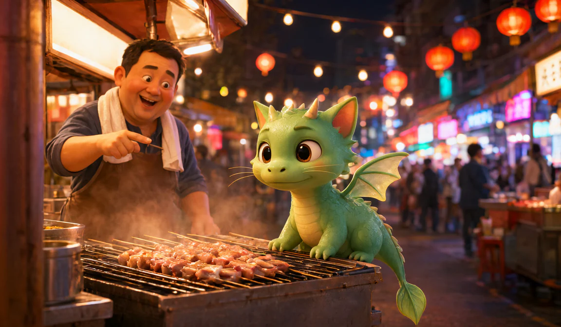 First frame: Night-Market Dragon · Fire Breath